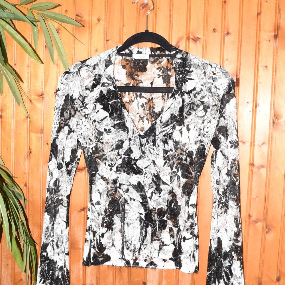 CACHE Sheer Blouse Black & White Floral Print